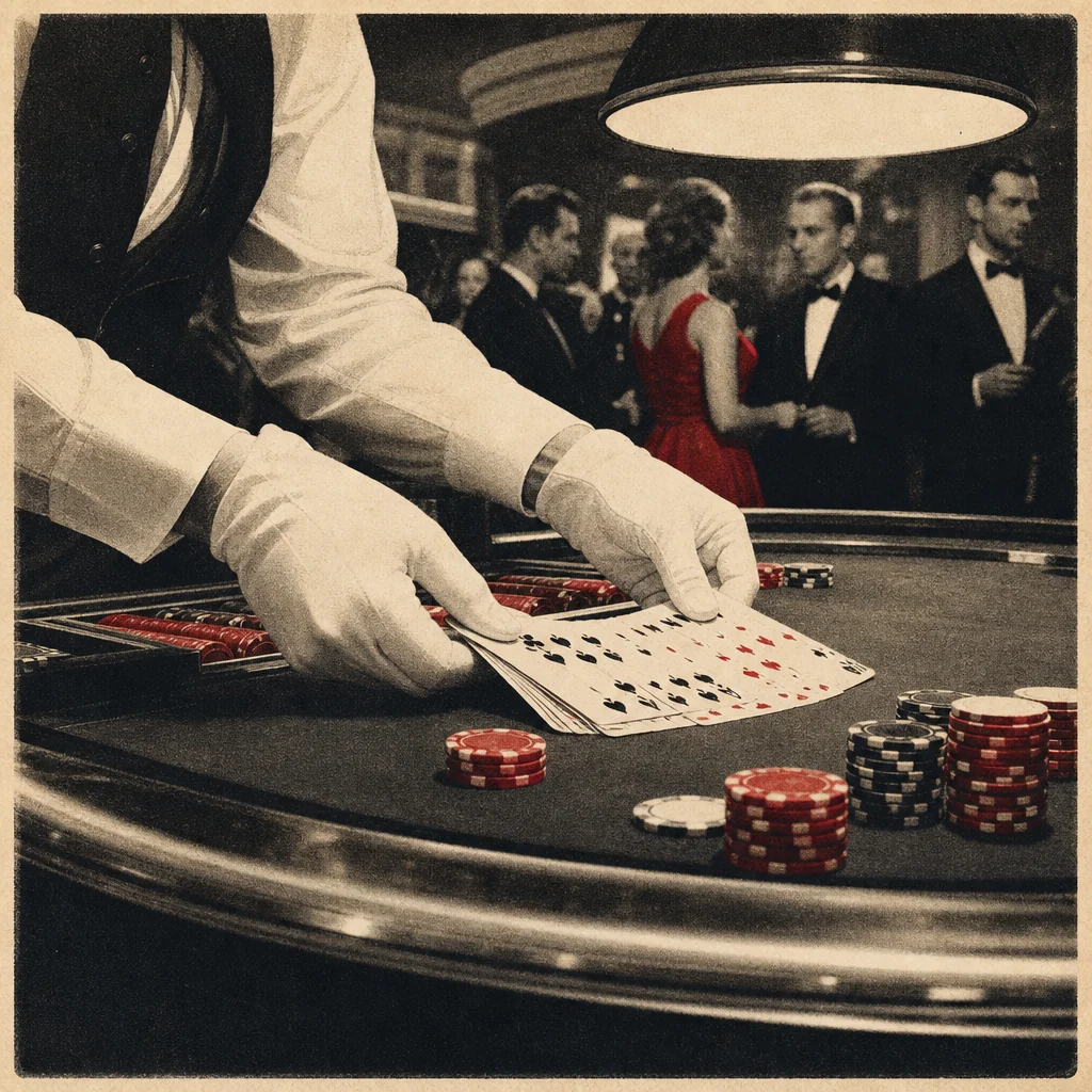 Fanned playing cards and red chips on green felt table
